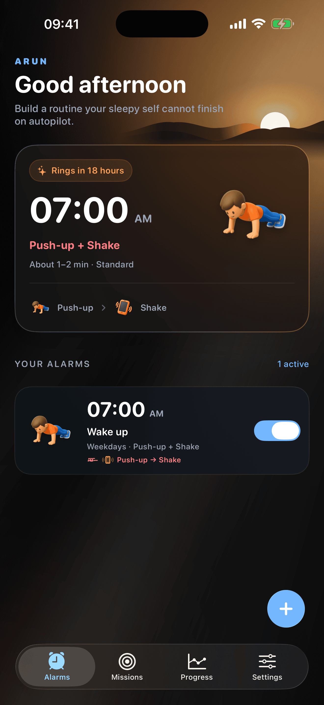 Arun Alarm home screen captured from the iPhone 17 Pro Max Simulator